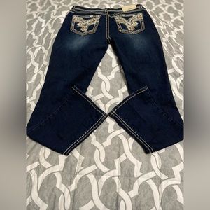 Grace In LA~Easy Fit~Dark Wash~Mid-Rise~Boot Cut Jeans~Metallic Design~Size 28